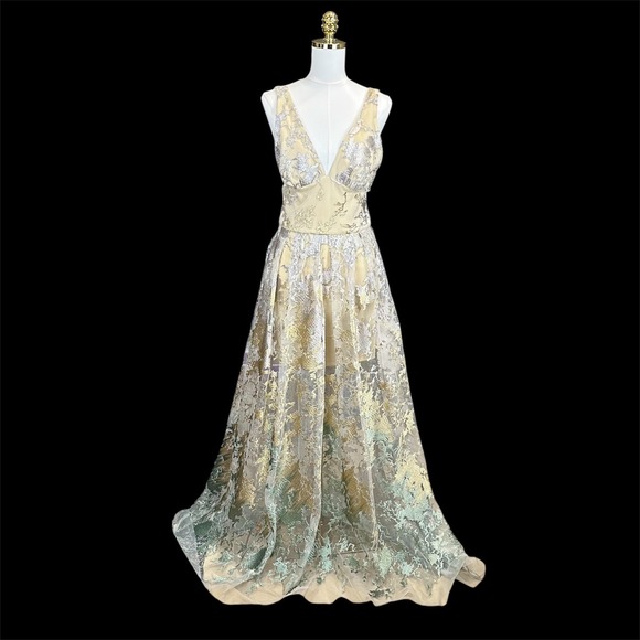 Metallic Floral Lace V-Neck Formal Gown Open Back A-Line Prom Dress Champagne - Picture 3 of 11